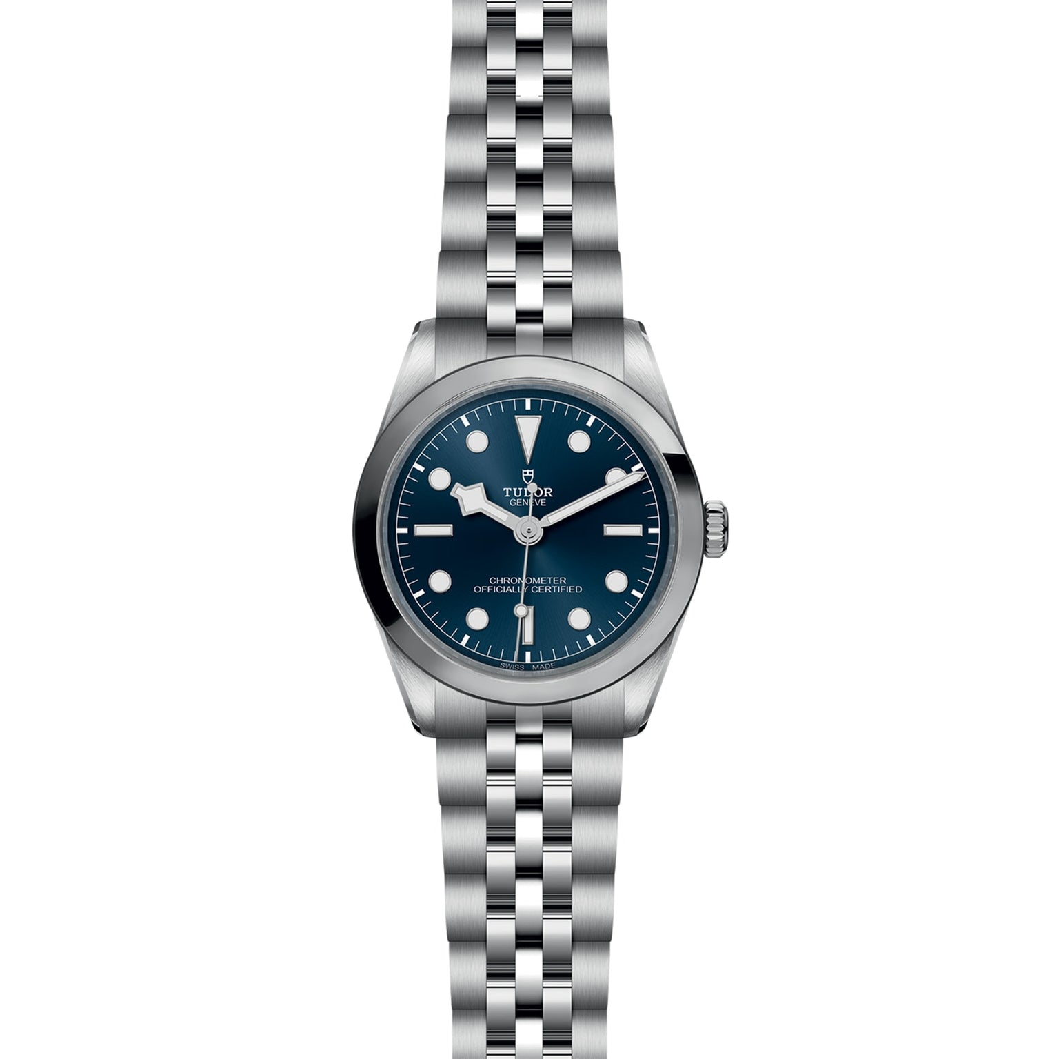 The TUDOR Black Bay One 36 unisex watch features a blue dial, white hour markers, and a silver jubilee-style bracelet, inspired by Black Bay models and displayed against a white background.