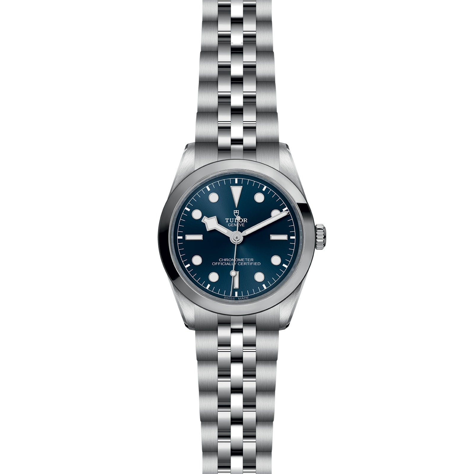 The TUDOR Black Bay One 36 unisex watch features a blue dial, white hour markers, and a silver jubilee-style bracelet, inspired by Black Bay models and displayed against a white background.