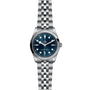 The TUDOR Black Bay One 36 unisex watch features a blue dial, white hour markers, and a silver jubilee-style bracelet, inspired by Black Bay models and displayed against a white background.