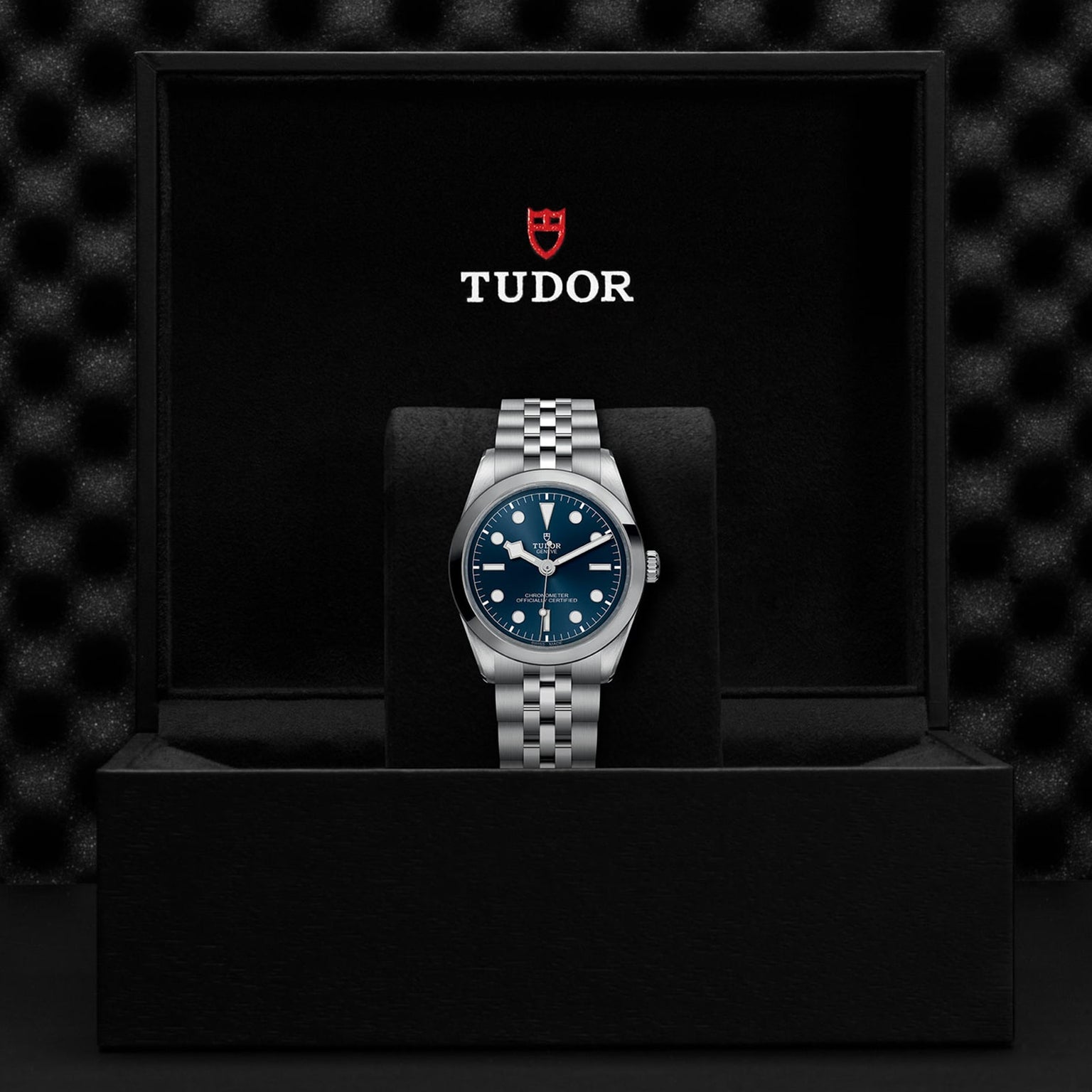 A stylish TUDOR Black Bay One 36 stainless steel wristwatch with a blue dial is showcased on a cushion inside an open black box bearing the TUDOR logo.