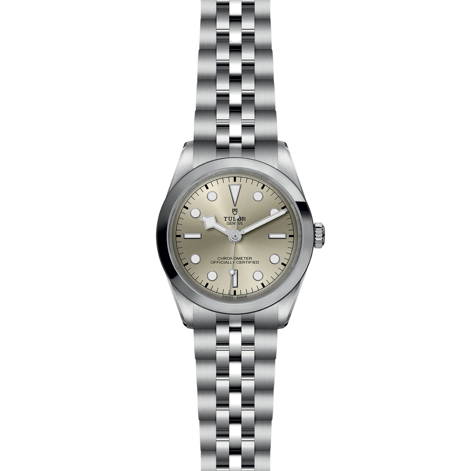 The TUDOR Black Bay One 36 is a stainless steel unisex watch with a silver dial, simple hour markers, and a five-link bracelet. Inspired by Black Bay models, it features the TUDOR logo and text for timeless elegance.