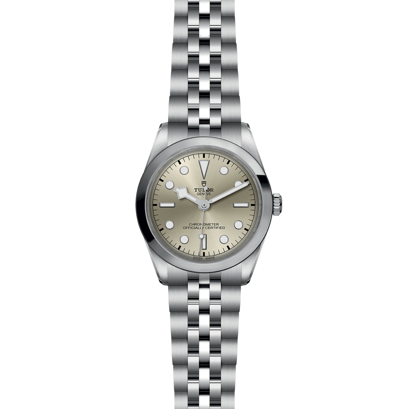 The TUDOR Black Bay One 36 is a stainless steel unisex watch with a silver dial, simple hour markers, and a five-link bracelet. Inspired by Black Bay models, it features the TUDOR logo and text for timeless elegance.