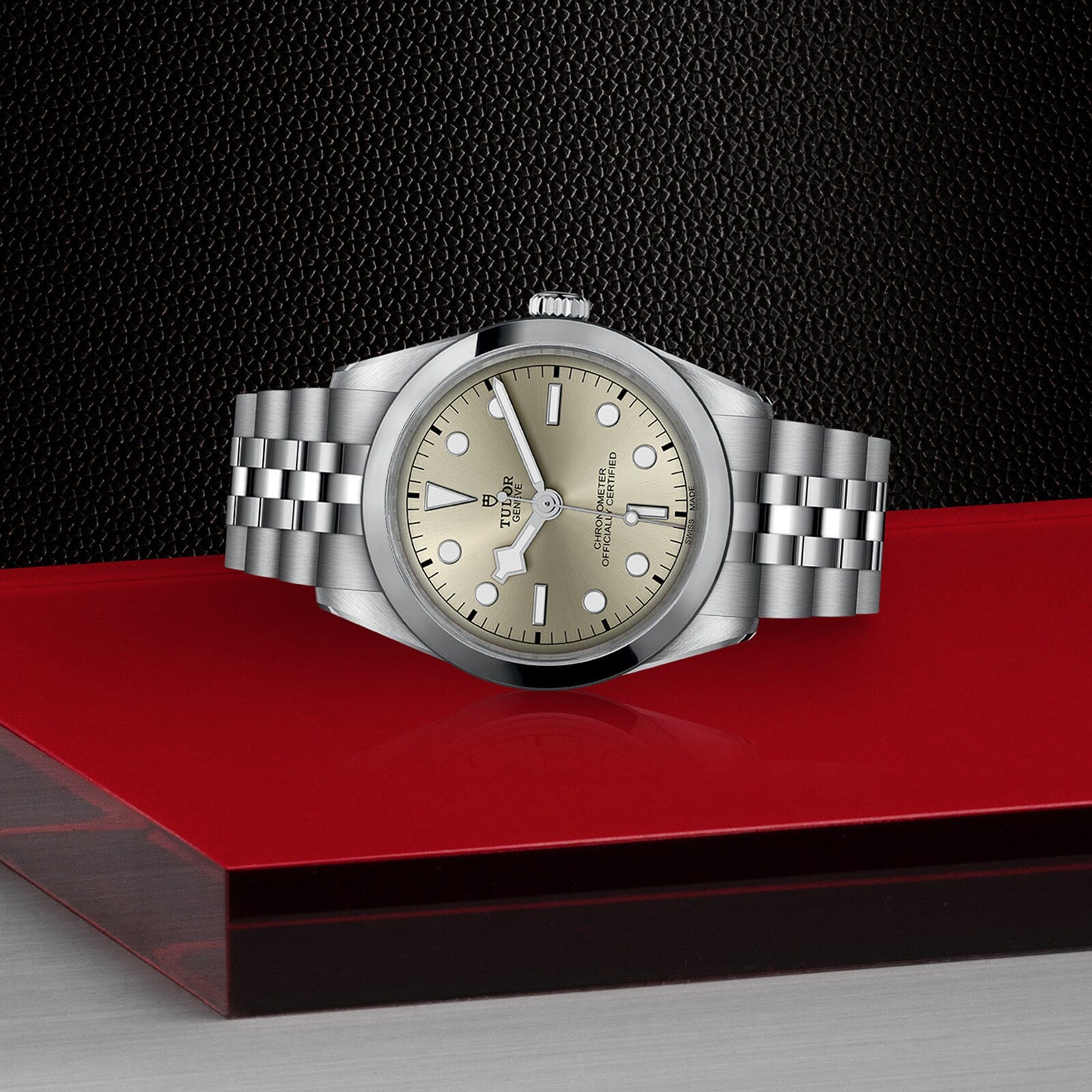 A TUDOR Black Bay One 36 unisex silver watch with a beige dial and metal bracelet is showcased on a red and black textured surface, reflecting the refined design of Black Bay models.