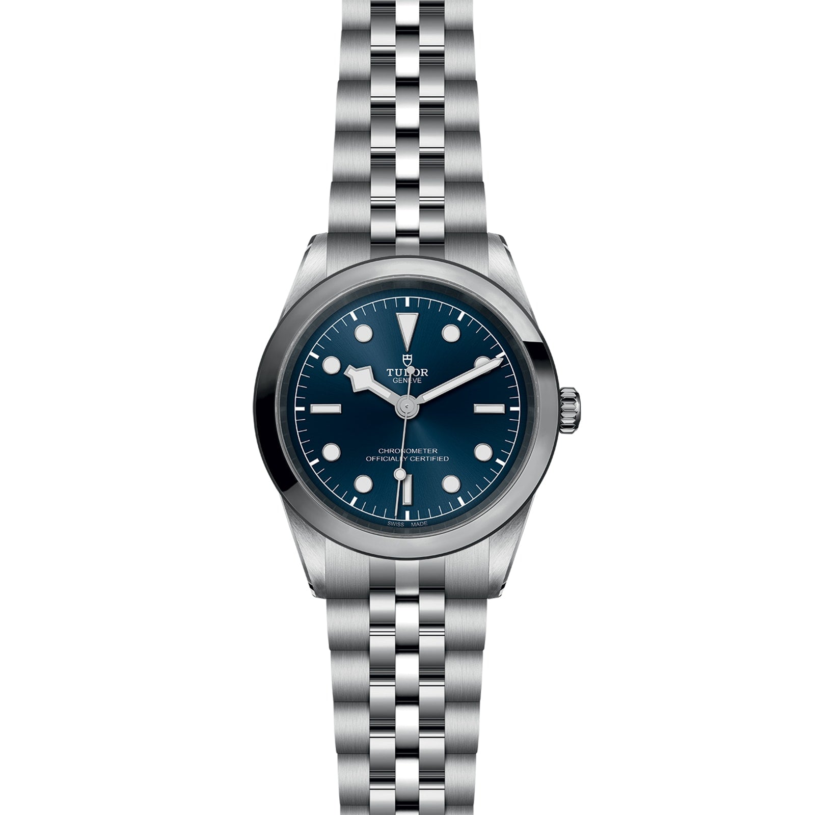 A TUDOR Black Bay One 41 stainless steel wristwatch with a blue dial and silver bracelet, shown from the front.