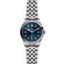 A TUDOR Black Bay One 41 wristwatch in silver with a blue dial, metal link bracelet, and diamond hour markers.