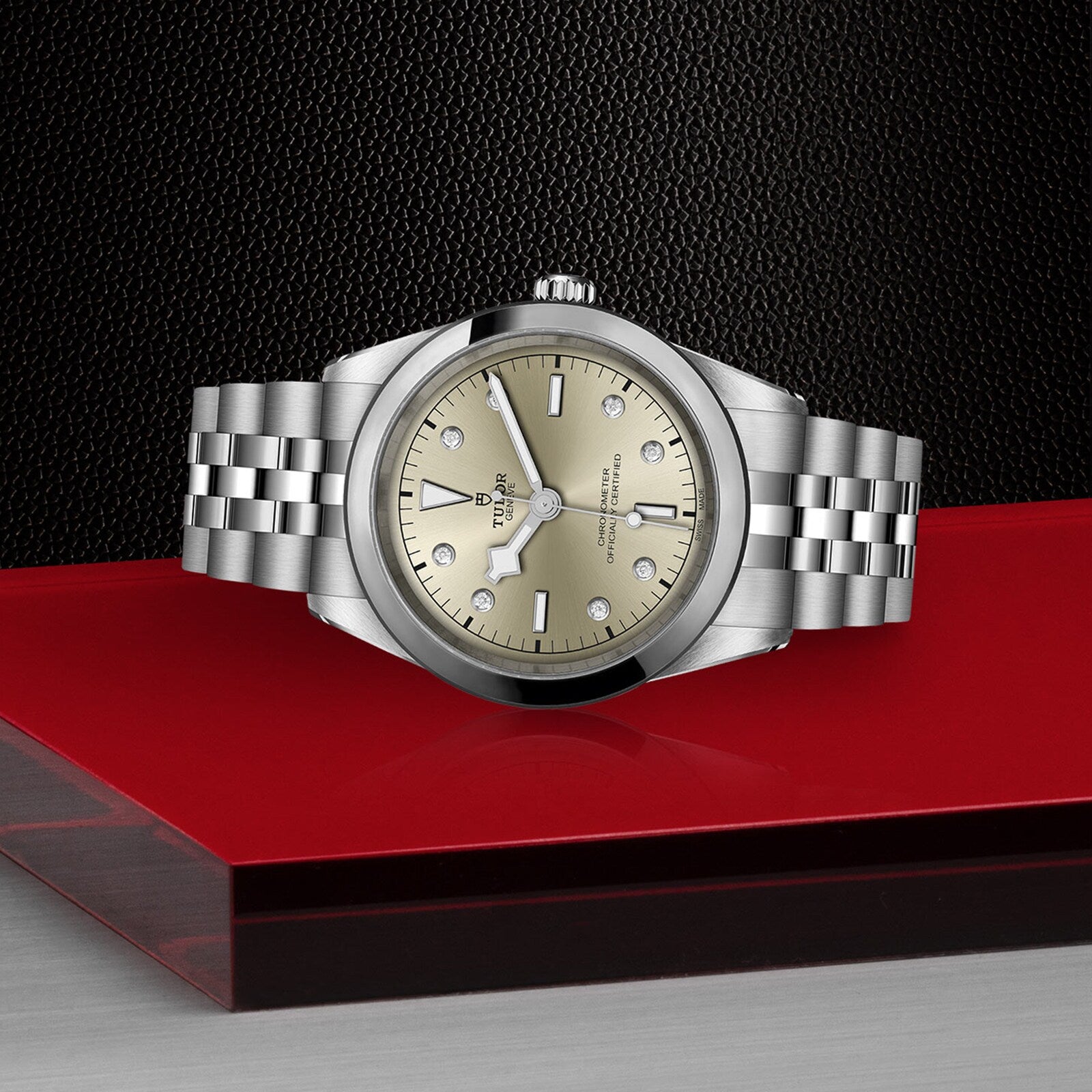 The TUDOR Black Bay One 41—a silver wristwatch with a champagne dial, diamond hour markers, and Manufacture Calibres—is displayed on a red and black textured surface, embodying the refined elegance of Black Bay models.
