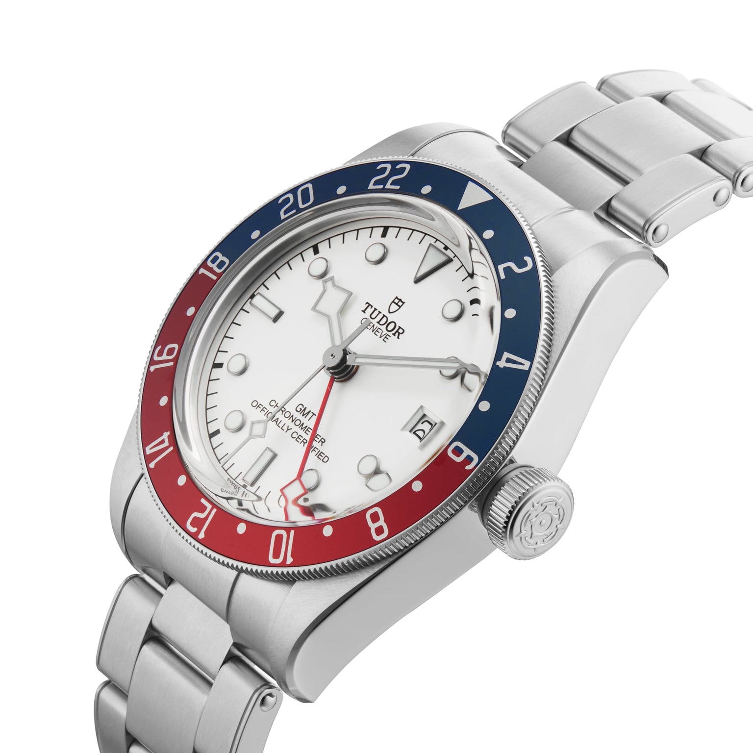 The TUDOR Black Bay GMT features a stainless steel case, opaline dial, red and blue GMT bezel, silver bracelet, and a date display at 3 o’clock.