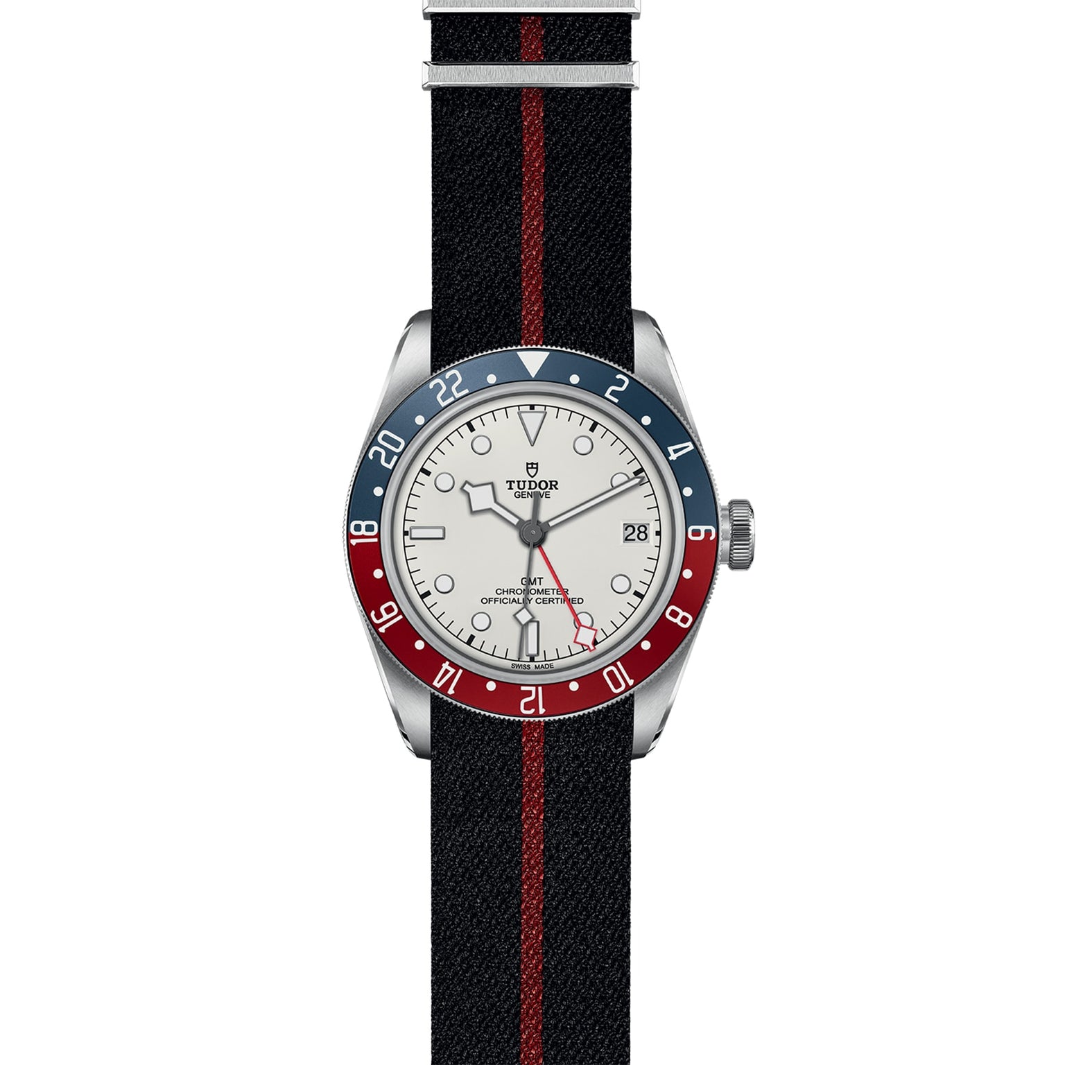 The TUDOR Black Bay GMT features an opaline dial, blue and red bezel, black strap with red stripe, multiple time zone function, and a date display at 3 o’clock.