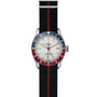 The TUDOR Black Bay GMT features an opaline dial, blue and red bezel, black strap with red stripe, multiple time zone function, and a date display at 3 o’clock.