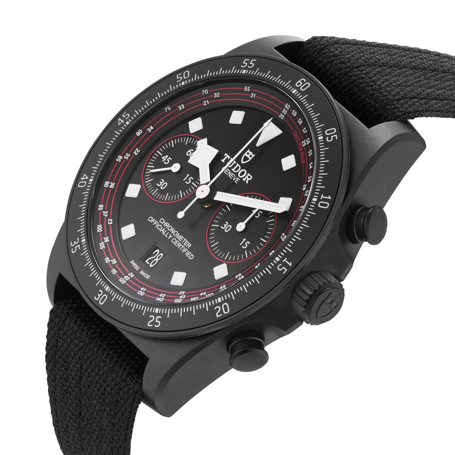 A TUDOR Pelagos FXD Chrono cycling-themed watch with a black case, fabric strap, white indices and hands, and red dial accents, displayed at an angle on a white background.