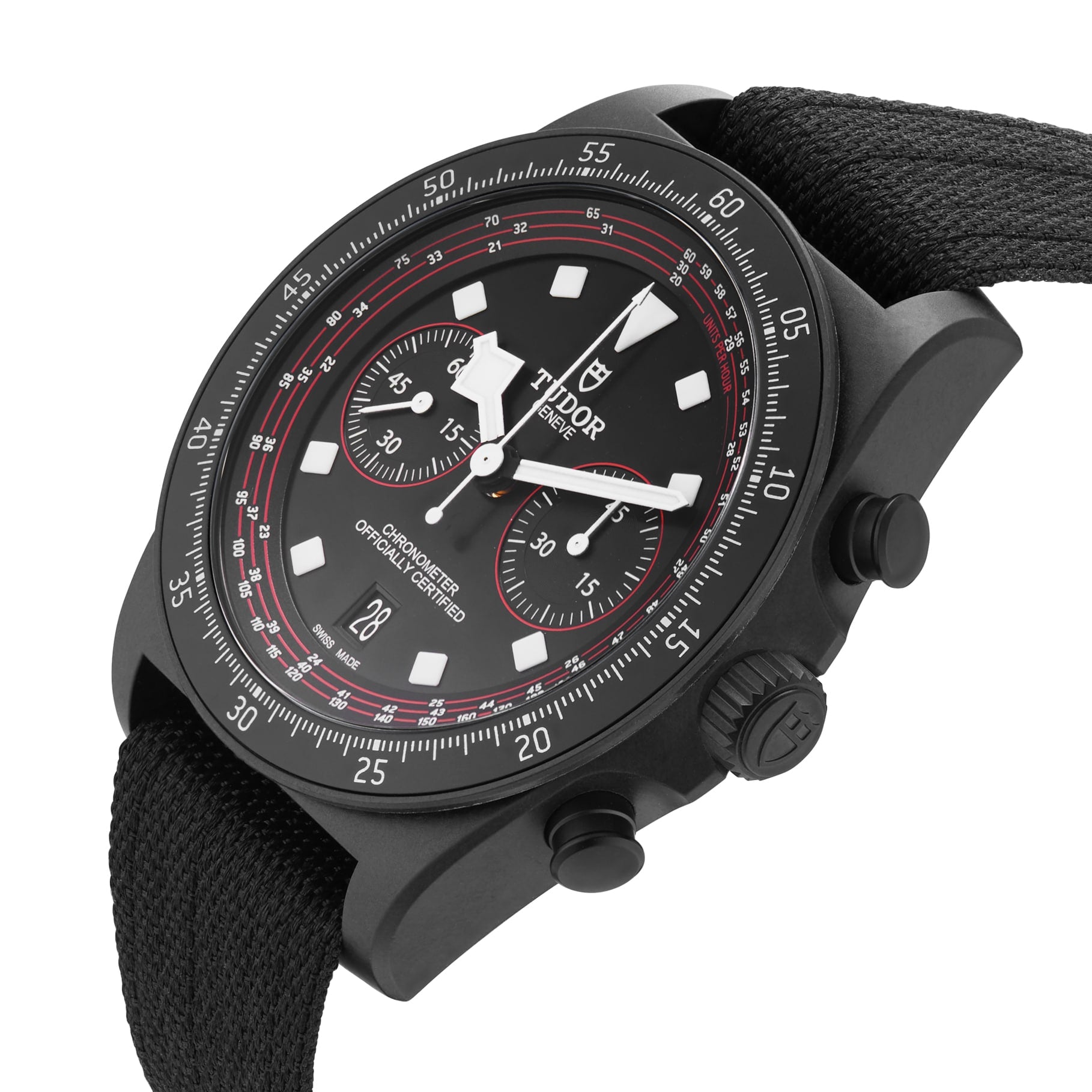 A TUDOR Pelagos FXD Chrono cycling-themed watch with a black case, fabric strap, white indices and hands, and red dial accents, displayed at an angle on a white background.