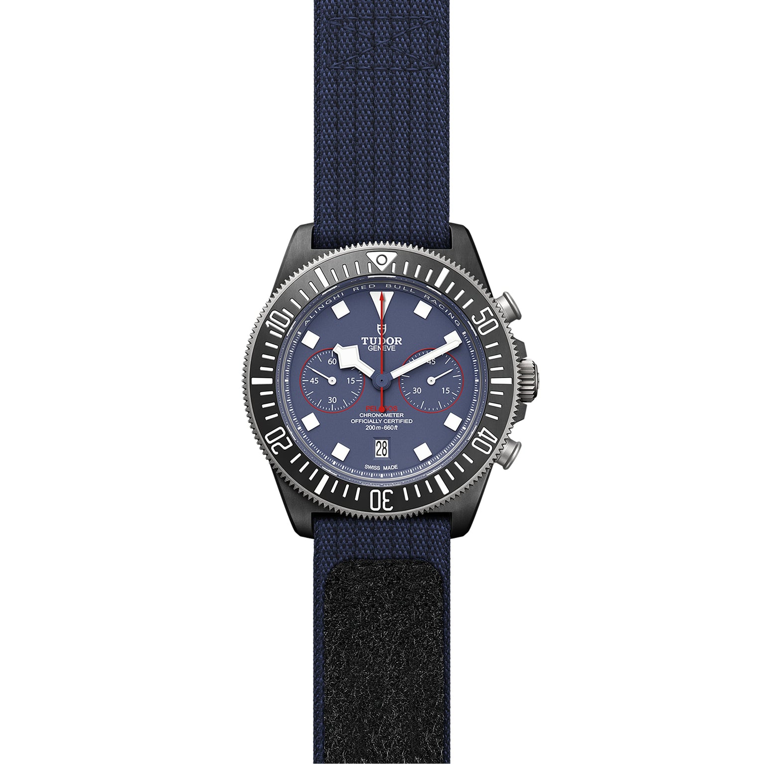 The TUDOR Pelagos FXD Chrono is a blue wristwatch inspired by the French Navy, with a chronograph dial, white markers, three subdials, date window, black rotating bezel, and blue fabric strap—ideal for underwater navigation.