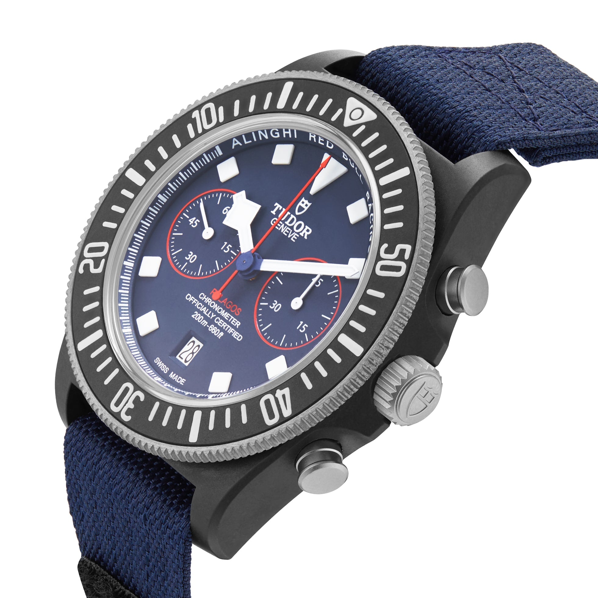 A close-up of a TUDOR Pelagos FXD Chrono watch with a blue strap and black bezel.