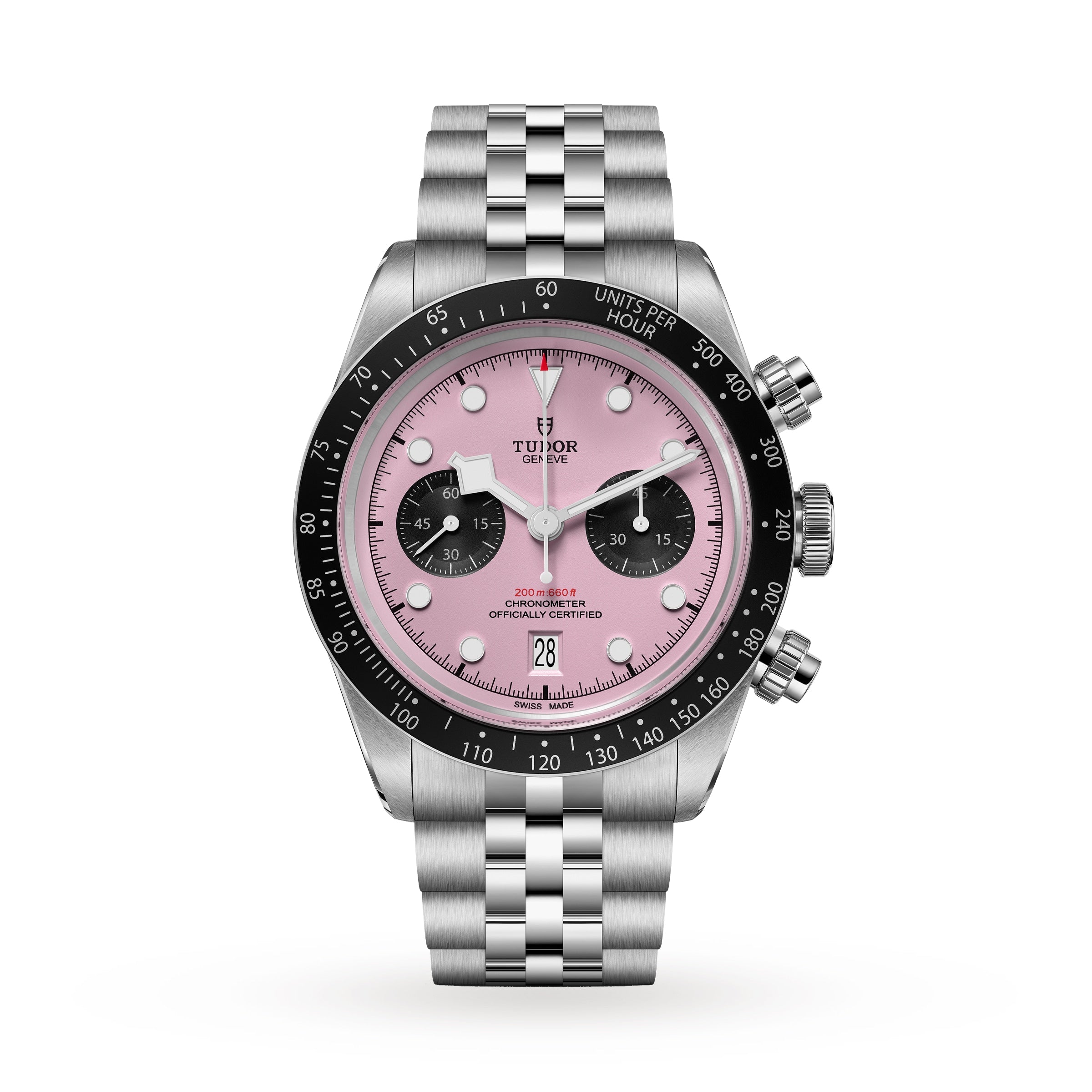 The TUDOR Black Bay Chrono features a pink dial with black subdials, a black bezel, a silver jubilee-style bracelet, chronometer certification, and a date display at 6 o’clock.