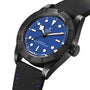 A close-up of the TUDOR Black Bay Ceramic Blue showcases its blue dial, black case, rotating bezel, and black strap with blue stitching—emphasizing the iconic Snowflake hands.