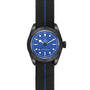 The TUDOR Black Bay Ceramic Blue wristwatch features a blue dial, black bezel, Snowflake hands, and a black fabric strap with a blue center stripe, honoring TUDOR divers’ watch heritage.