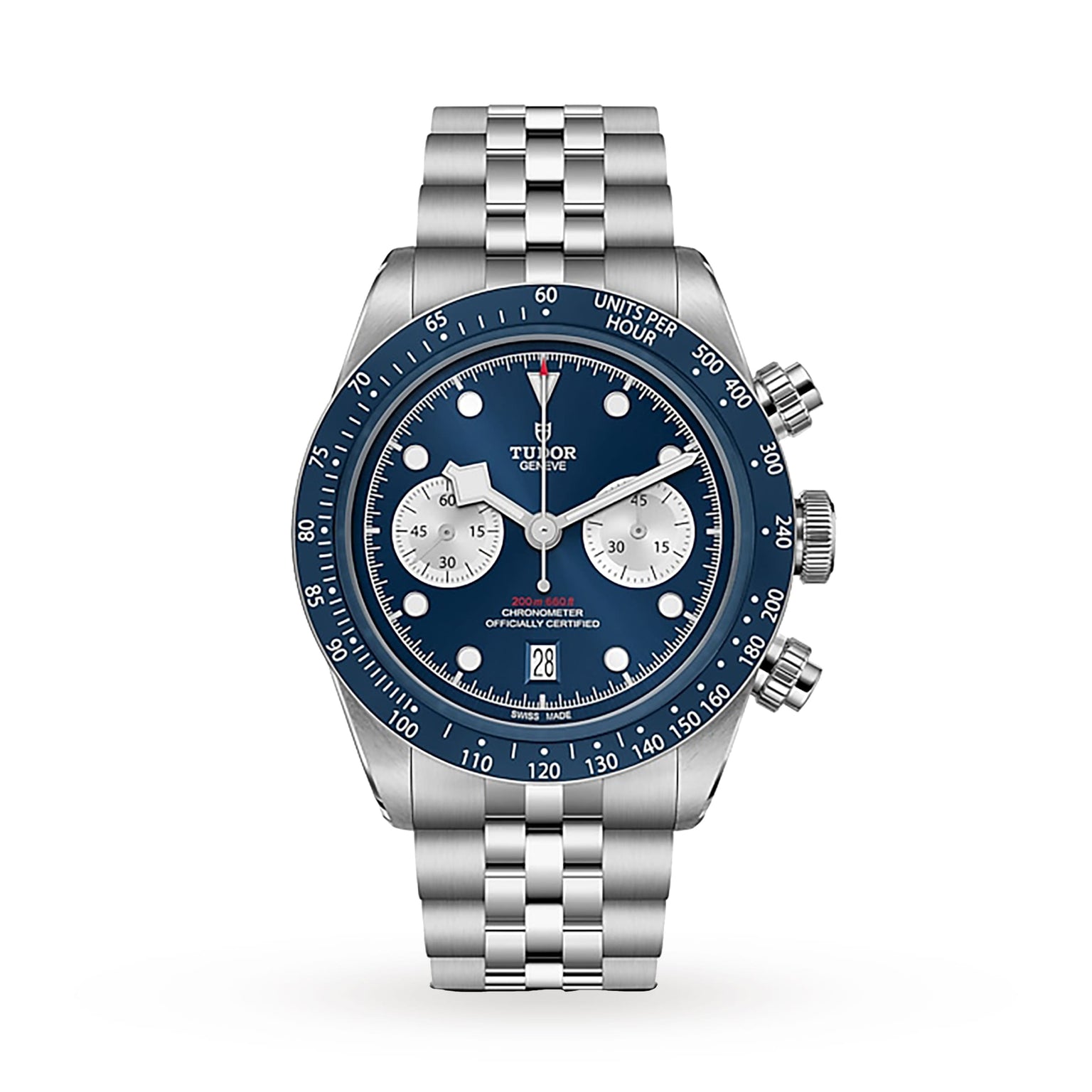 A TUDOR Black Bay Chrono wristwatch with a stainless steel case, blue dial, two subdials, date display at 6 o’clock, and a metal link bracelet shown against a white background.