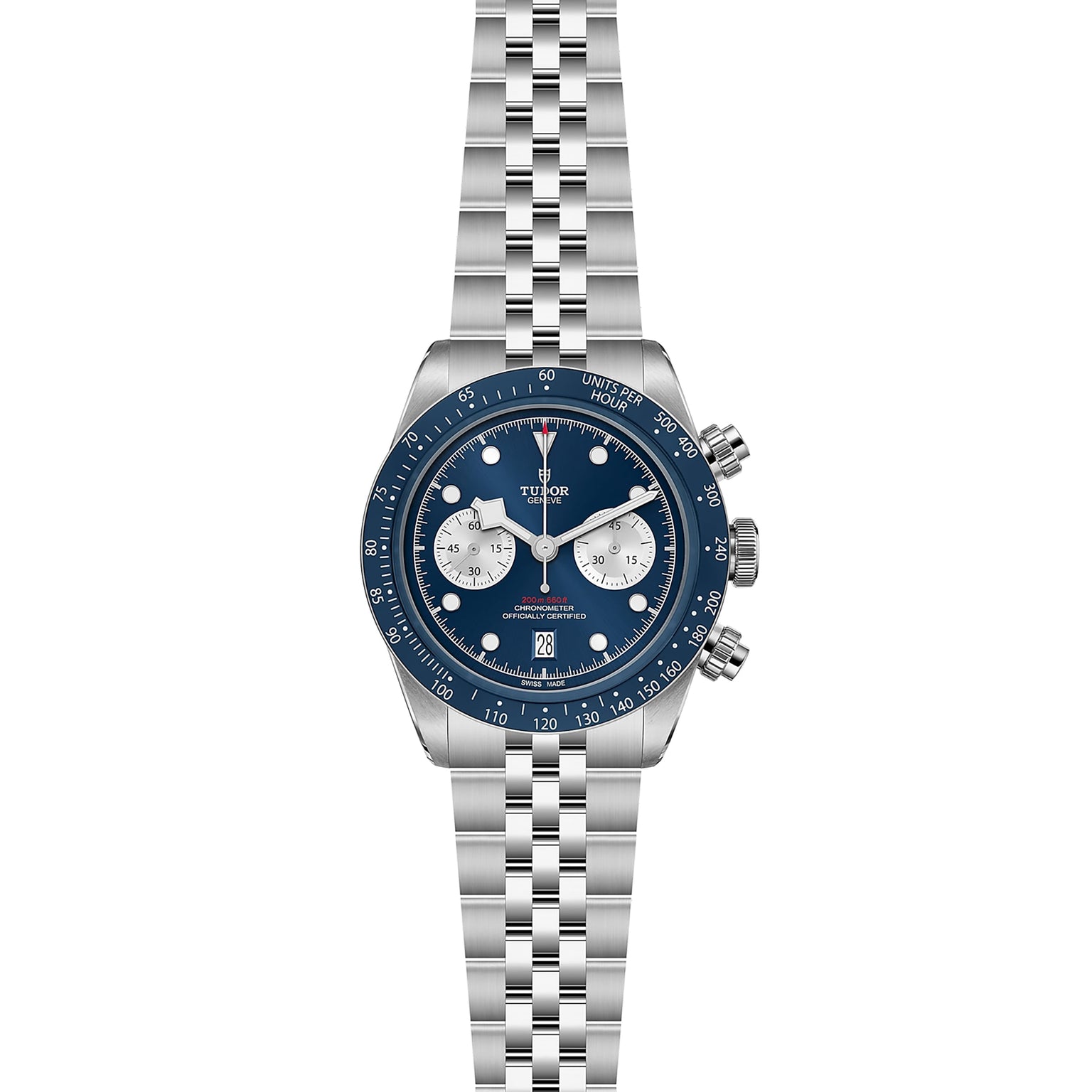 The TUDOR Black Bay Chrono features a stainless steel case, TUDOR Blue dial, two silver subdials, a date window at 6 o’clock, and a five-link bracelet—exclusively available at Tudor Boutiques.