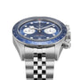 The TUDOR Black Bay Chrono stainless steel wristwatch features a blue bezel, blue dial with white subdials, and a metal bracelet. Shown angled and offered exclusively at Tudor Boutiques.