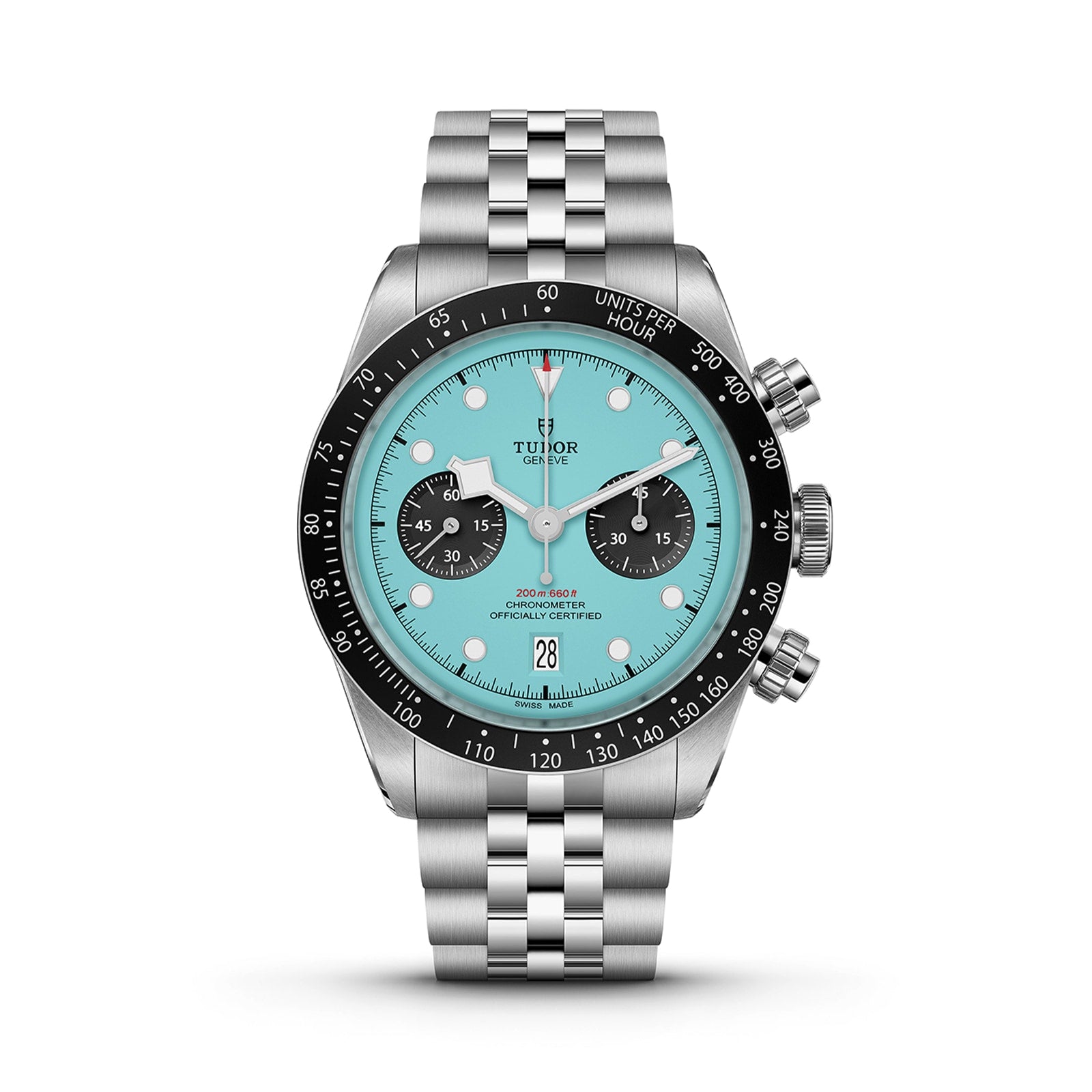 The TUDOR Black Bay Chrono features a stainless steel case, turquoise dial, black bezel, three subdials, date at 6 o’clock, Swiss Chronometer rating, and a silver metal bracelet.