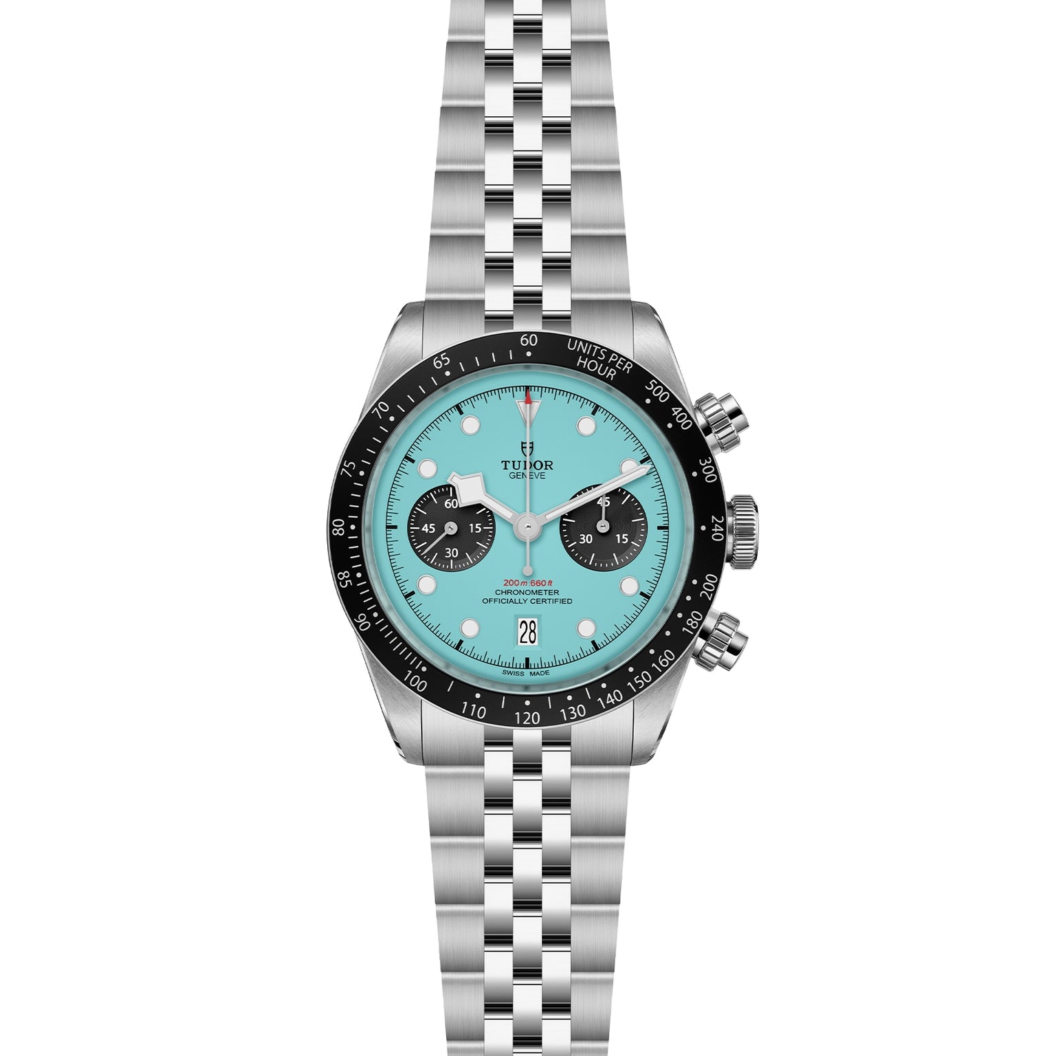 The TUDOR Black Bay Chrono is a stainless steel wristwatch with a turquoise dial, black bezel, three subdials, date window, and silver metal bracelet, powered by a precise Swiss Chronometer Manufacture Calibre.