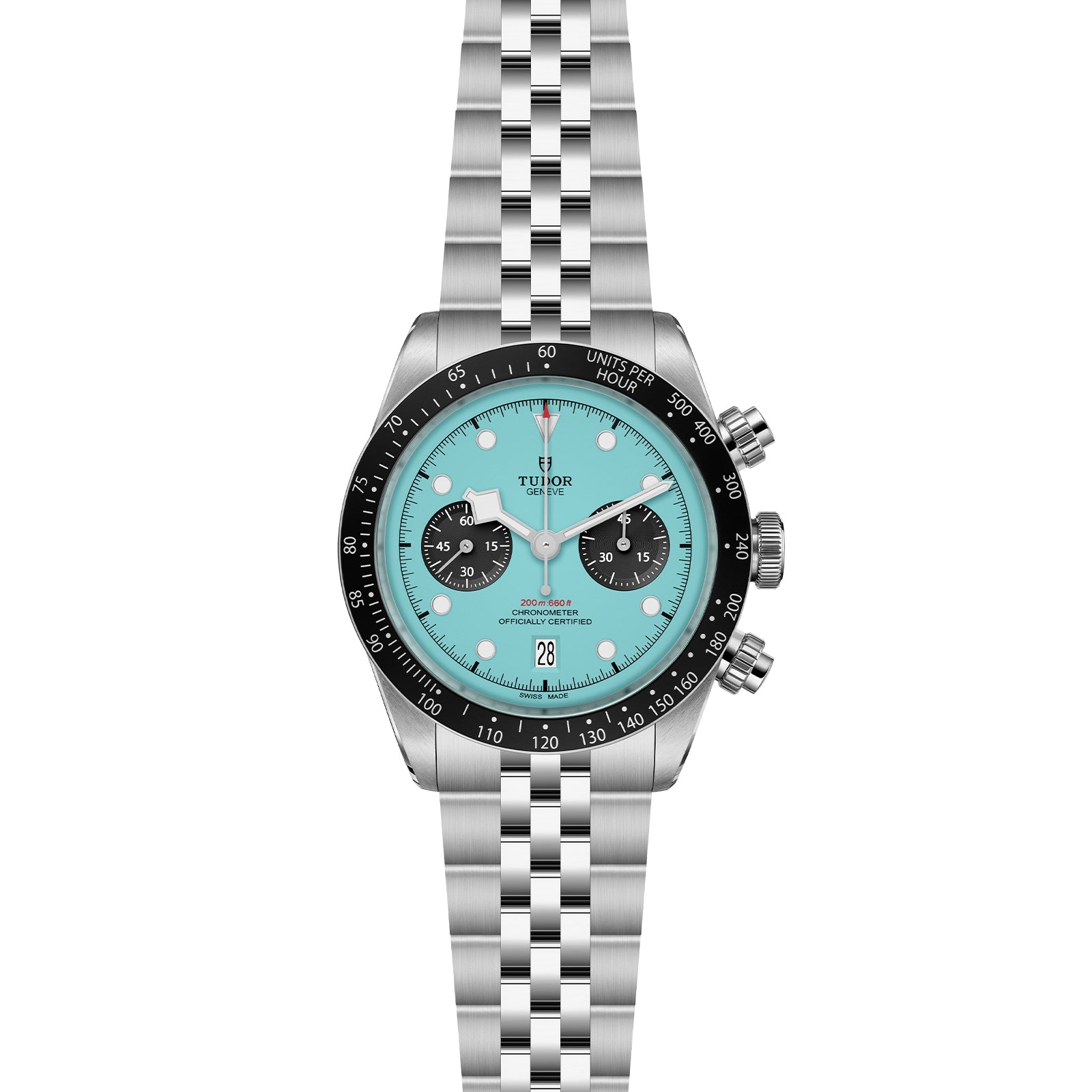 The TUDOR Black Bay Chrono is a stainless steel wristwatch with a turquoise dial, black bezel, three subdials, date window, and silver metal bracelet, powered by a precise Swiss Chronometer Manufacture Calibre.