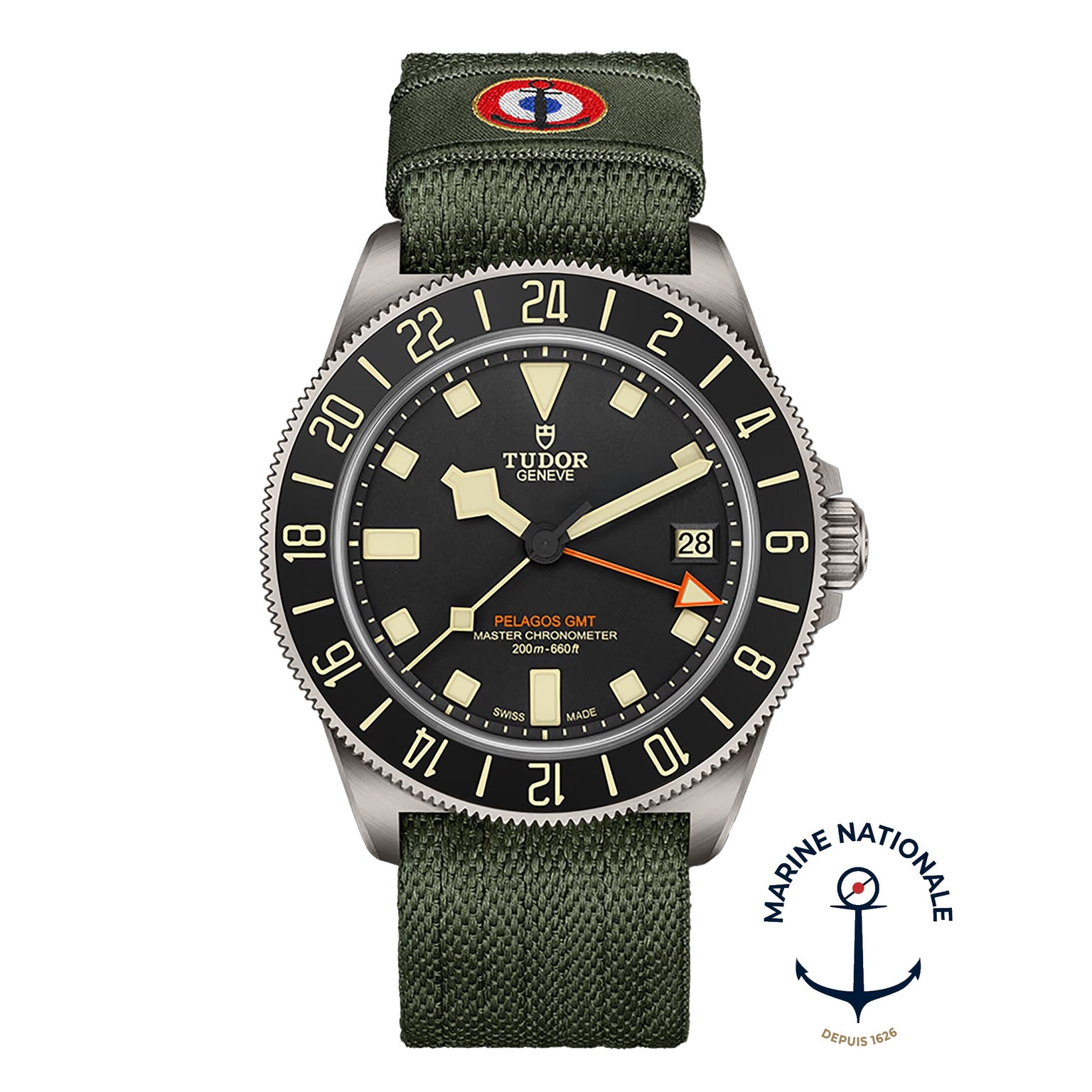 TUDOR Pelagos FXD GMT watch with green fabric strap, featuring the Marine Nationale logo at the bottom right.