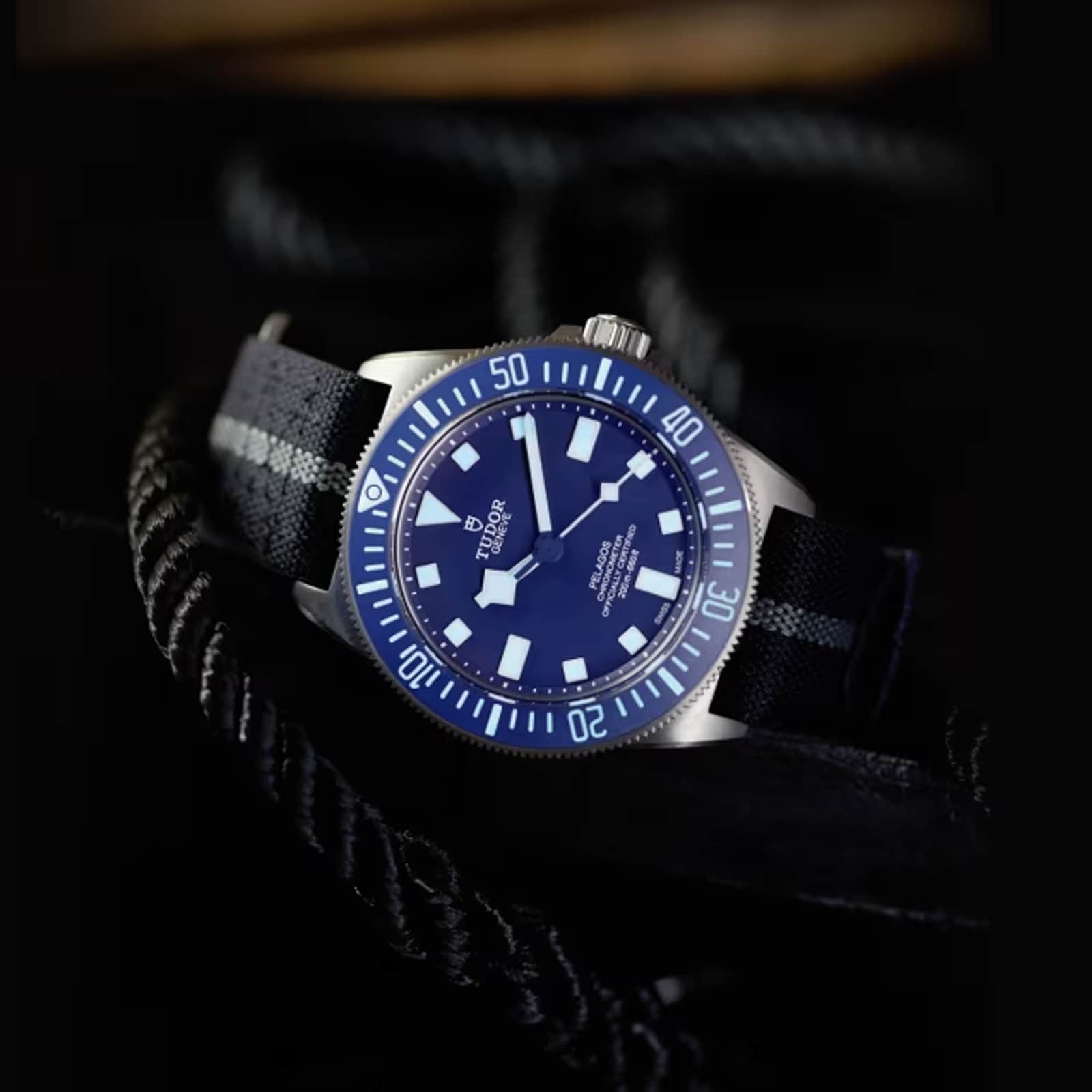 A TUDOR Pelagos FXD watch featuring a titanium case, blue dial, and fabric strap is displayed on black rope with a dark background.