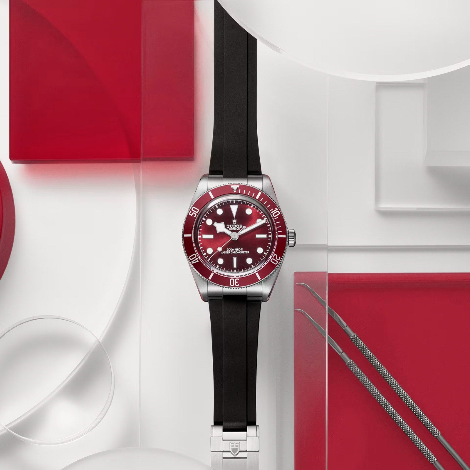 The TUDOR Black Bay 58 wristwatch, featuring red and silver accents and a black strap, is displayed on a geometric red and white background.