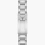 The TUDOR Black Bay 58 features a silver metal watch bracelet with a clasp showcasing an engraved shield logo at the center.