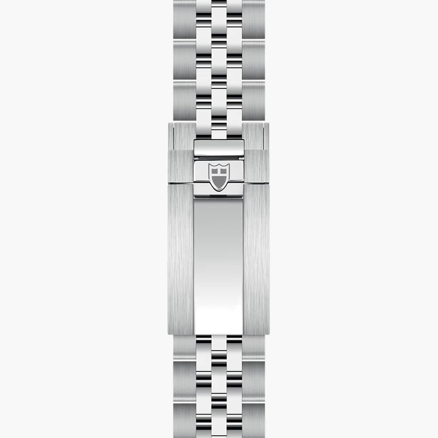 The TUDOR Black Bay 58 features a silver metal watch clasp with a brushed finish and a shield logo, attached to its link bracelet.