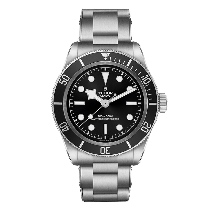 The TUDOR Black Bay, a stainless steel wristwatch with a black dial, white markers, and a rotating bezel, is displayed front-facing on a white background—a standout among diving watches.
