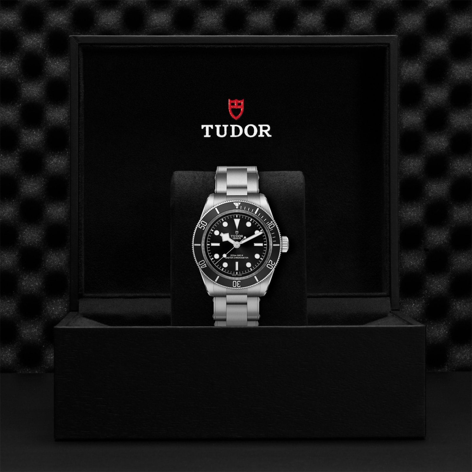 A TUDOR Black Bay wristwatch with a black dial and silver bracelet is showcased upright in an open black TUDOR box, emphasizing the signature style of the TUDOR Black Bay collection.