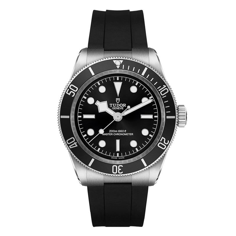 The TUDOR Black Bay is a METAS-certified diving watch featuring a black dial, white hour markers, rotating bezel, and black rubber strap—ideal for high-performance watch enthusiasts.