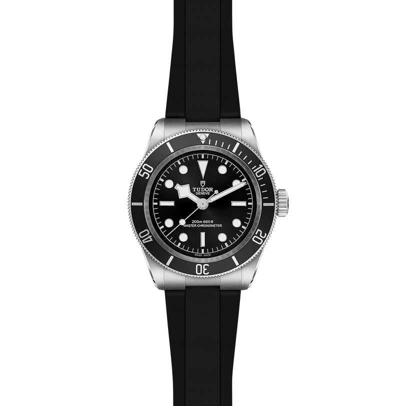 The TUDOR Black Bay, a stainless steel dive watch with a black dial, white hour markers, rotating bezel, and black rubber strap, is pictured on a white background—a modern icon among diving watches.