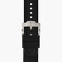 Close-up of the TUDOR Pelagos Ultra black watch strap with a silver metal buckle on a white background.
