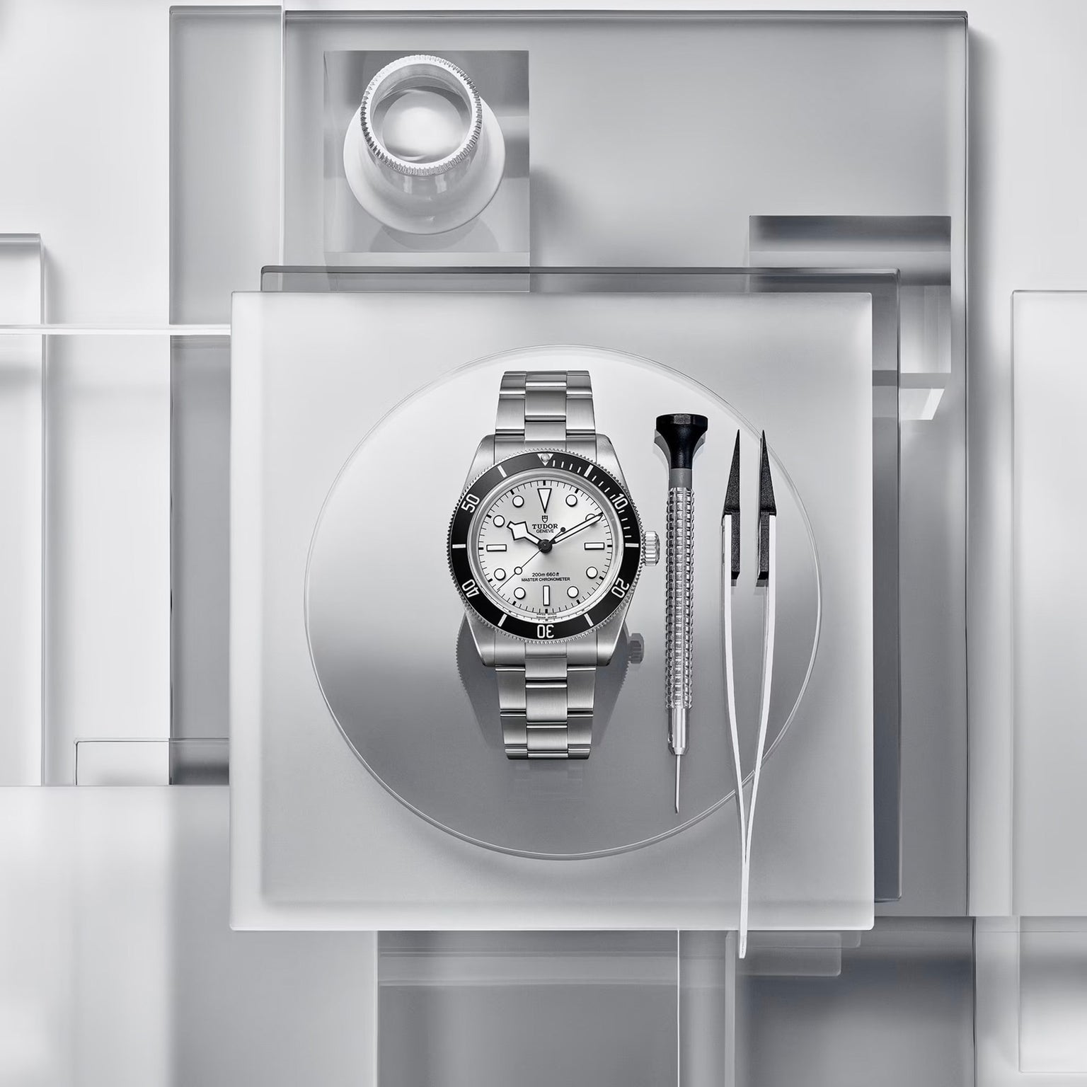The TUDOR Black Bay 68 wristwatch displayed with tools arranged neatly on a frosted, geometric background.