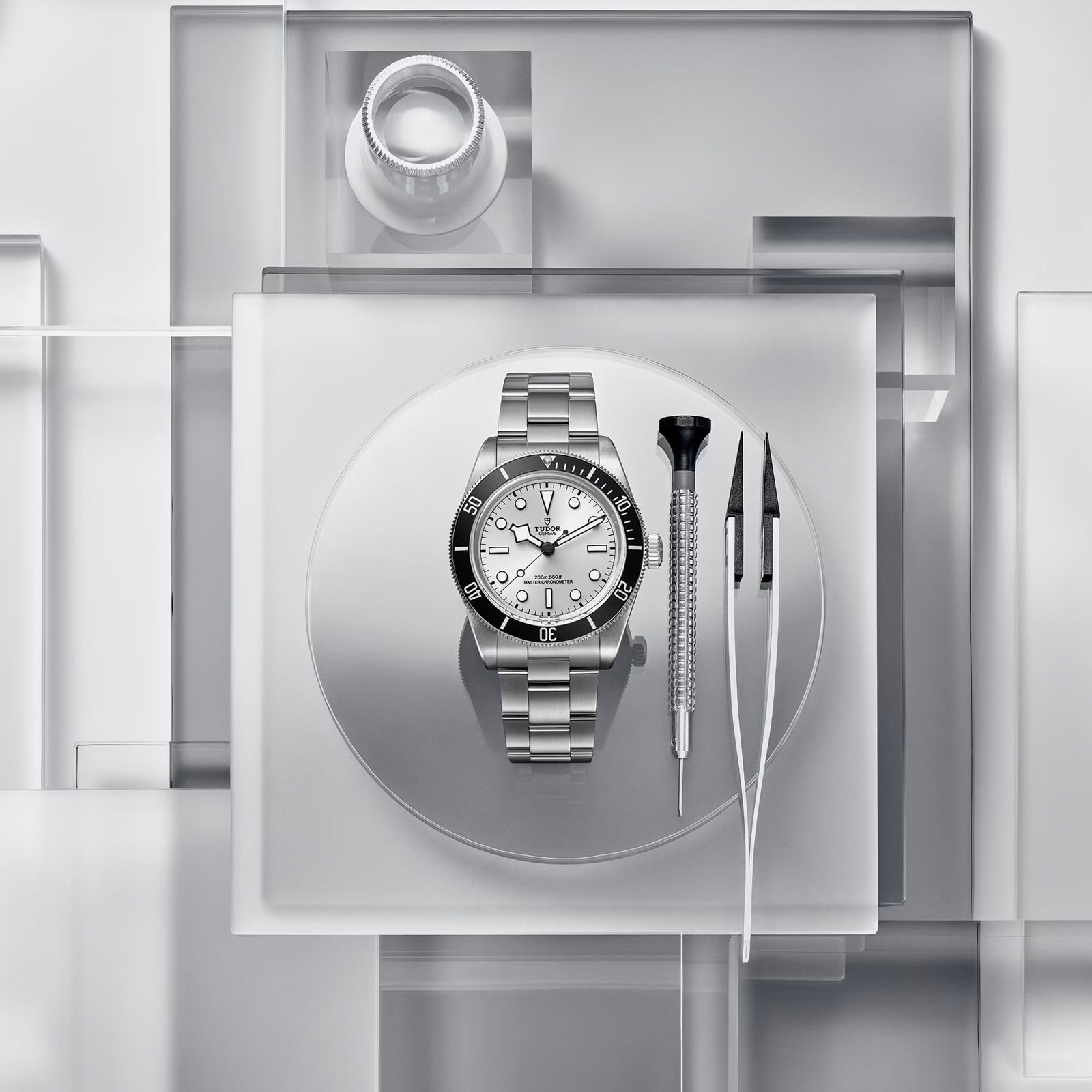 The TUDOR Black Bay 68 wristwatch displayed with tools arranged neatly on a frosted, geometric background.