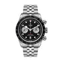 The TUDOR Black Bay Chrono features a stainless steel case, black and white dial, silver bracelet, and date display.