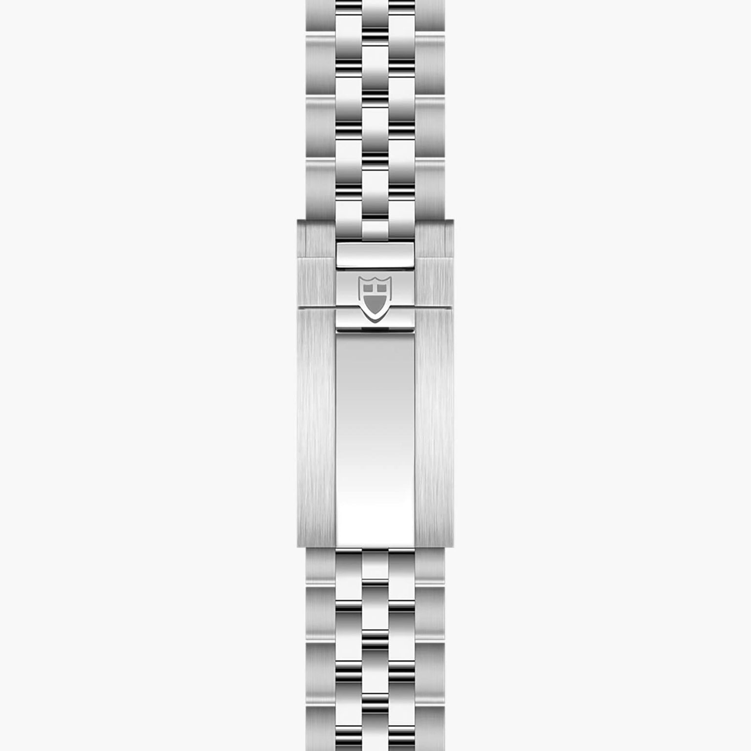 The TUDOR Black Bay Chrono features a stainless steel bracelet with a folding clasp and shield emblem, displayed on a white background.