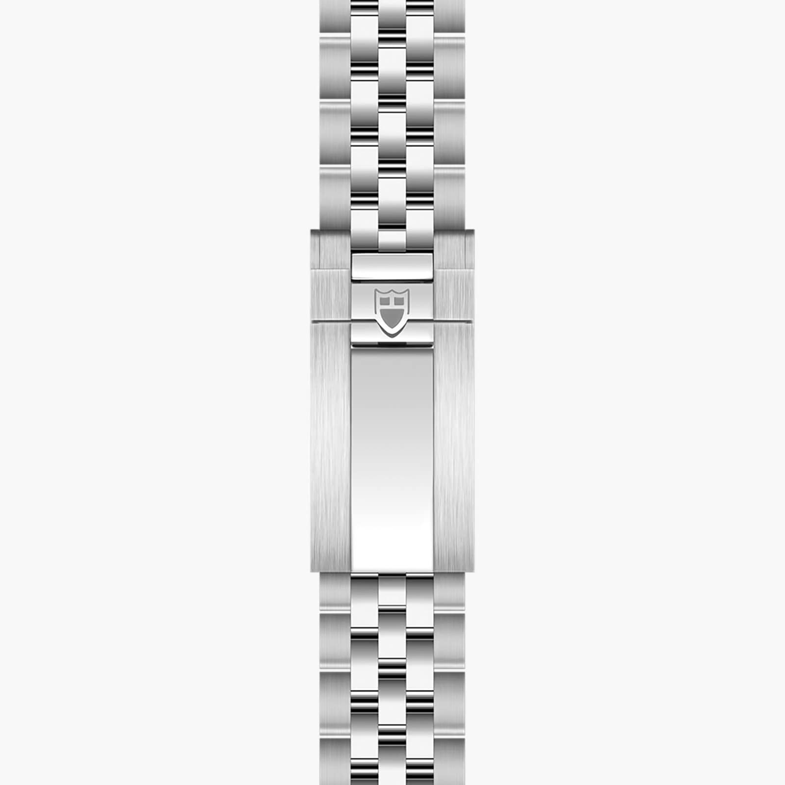 TUDOR Black Bay Chrono silver metal watch bracelet with a polished clasp, featuring the shield logo at the center, viewed from above.
