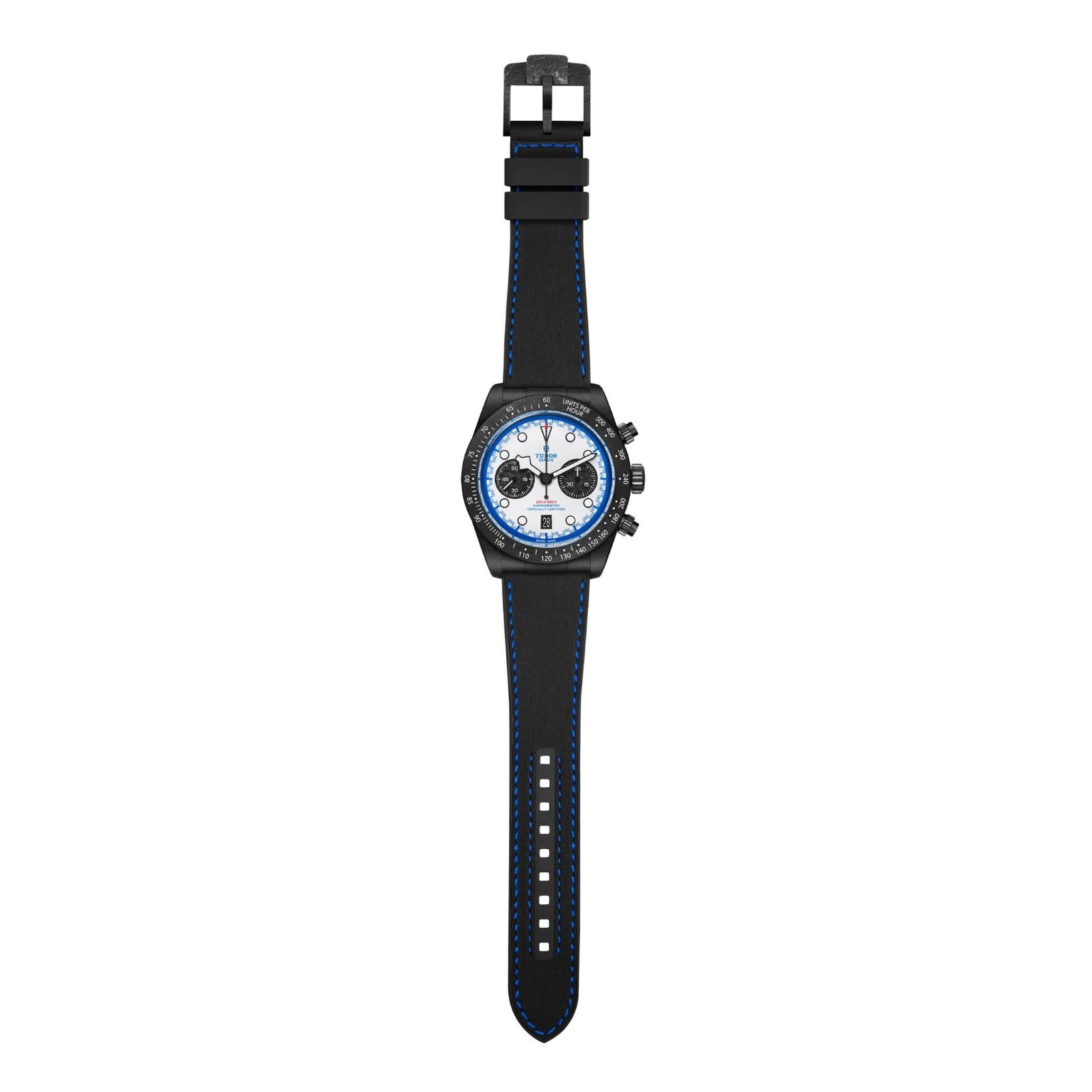 The TUDOR Black Bay Chrono is a black wristwatch with blue accents, a white and blue dial, and a black band featuring blue stitching, displayed flat.