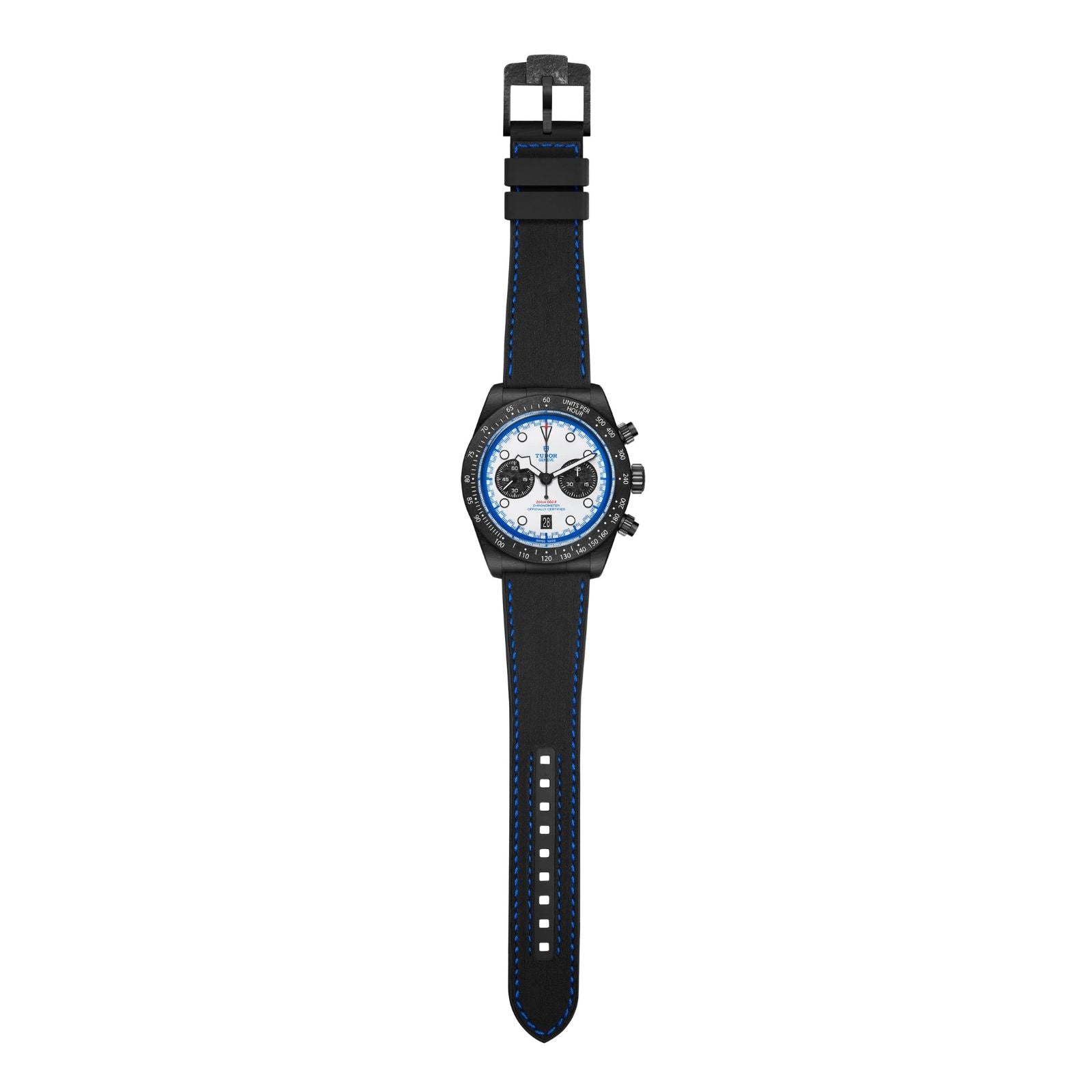 The TUDOR Black Bay Chrono is a black wristwatch with blue accents, a white and blue dial, and a black band featuring blue stitching, displayed flat.