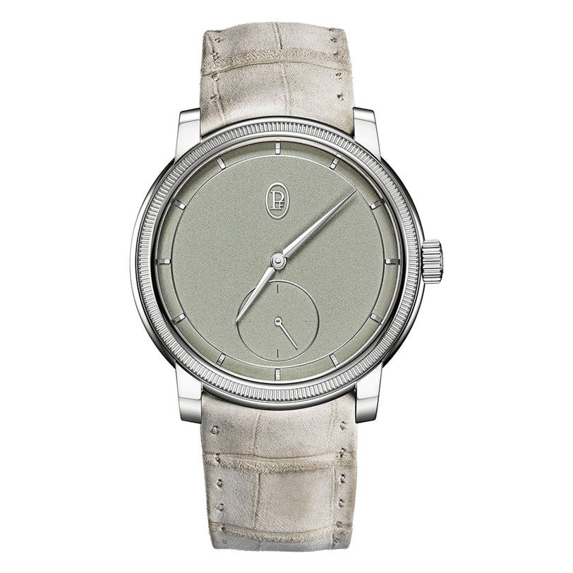 The Parmigiani Fleurier TORIC Petite Seconde is a minimalist silver wristwatch featuring a light gray face and beige leather strap.