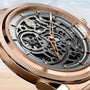Close-up of the Parmigiani Fleurier TONDA PF Skeleton, featuring a rose gold case and visible intricate gears beneath the hands.