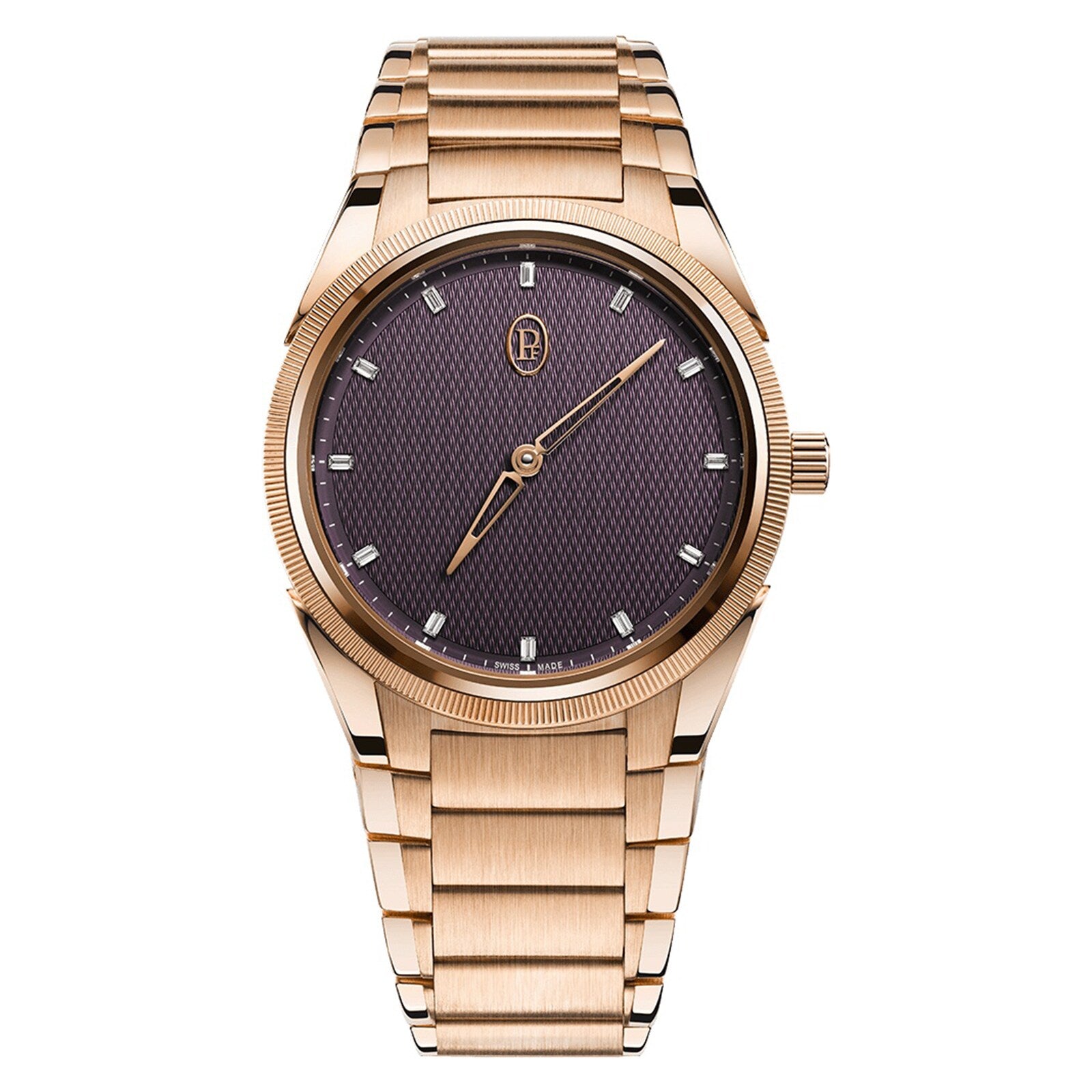 The Parmigiani Fleurier TONDA PF Automatic features a gold case, a textured dark brown dial, and a metal bracelet.