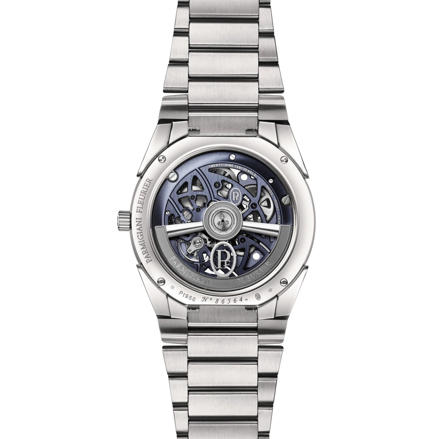 The TONDA PF Skeleton by Parmigiani Fleurier is a silver luxury watch featuring a visible skeleton back that highlights its intricate mechanical movement and signature branding.