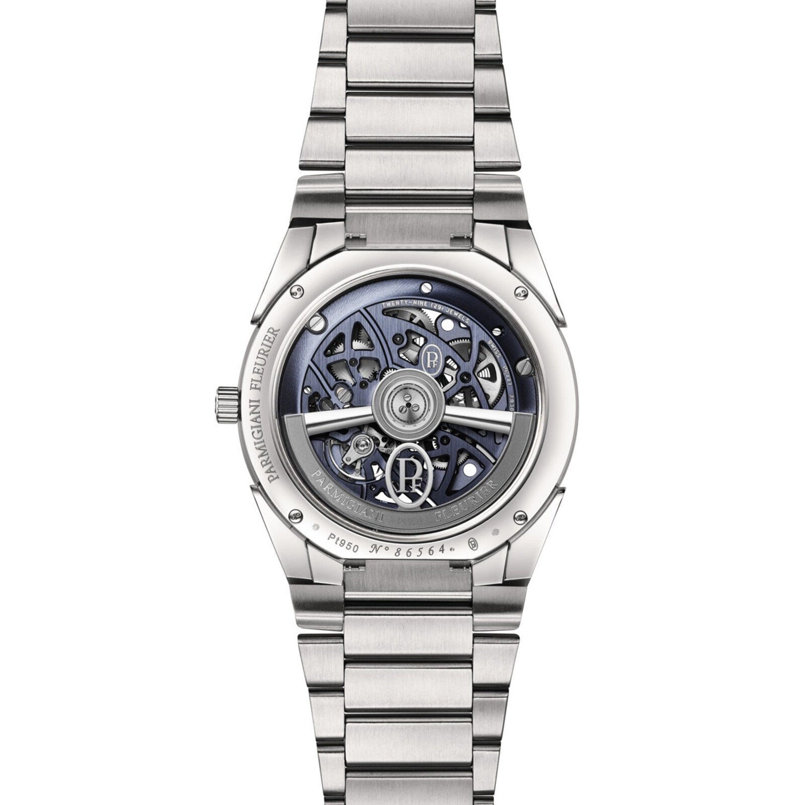 The TONDA PF Skeleton by Parmigiani Fleurier is a silver luxury watch featuring a visible skeleton back that highlights its intricate mechanical movement and signature branding.