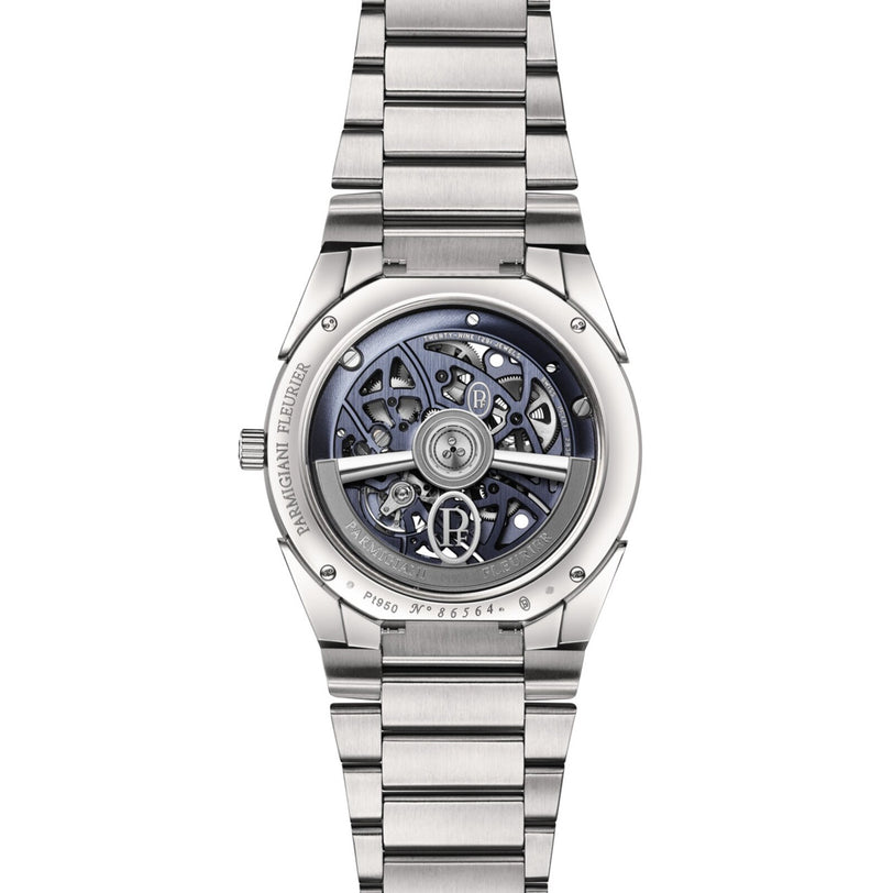 The TONDA PF Skeleton by Parmigiani Fleurier is a silver luxury watch featuring a visible skeleton back that highlights its intricate mechanical movement and signature branding.