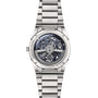 The TONDA PF Skeleton by Parmigiani Fleurier is a silver luxury watch featuring a visible skeleton back that highlights its intricate mechanical movement and signature branding.
